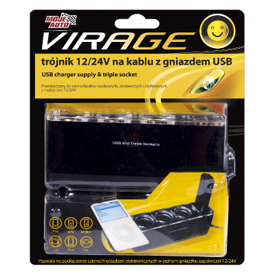 Trójnik 12/24V na kablu z gniazdem USB