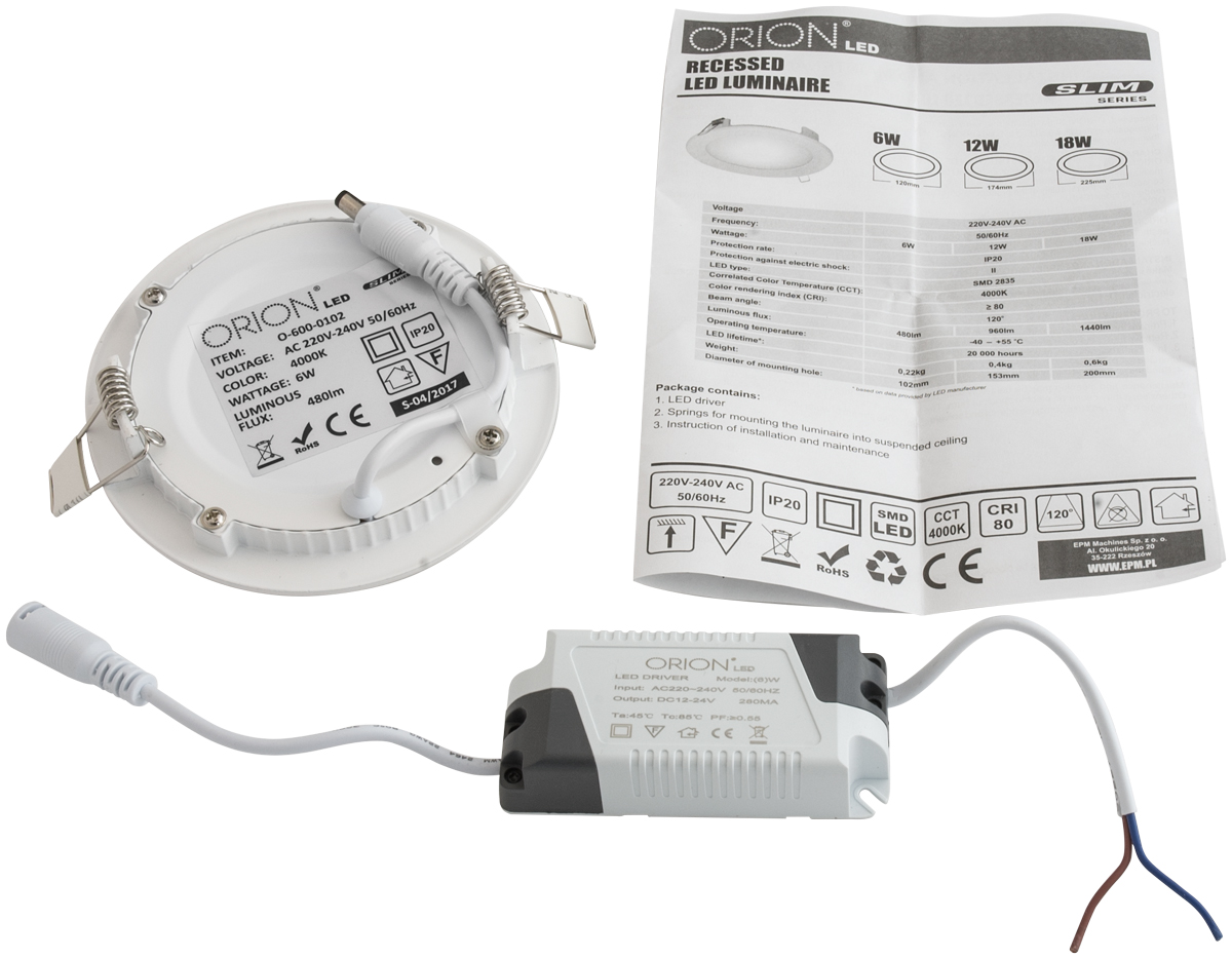 Panel LED podtynkowy okrągły slim 12W, 960LM, 175mm