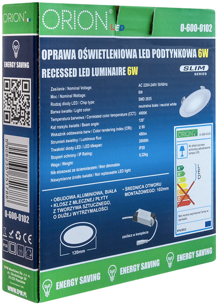 Panel LED podtynkowy okrągły slim 12W, 960LM, 175mm