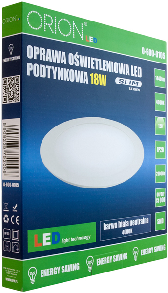 Panel LED podtynkowy okrągły slim 18W, 1440LM, 225mm
