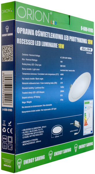 Panel LED podtynkowy okrągły slim 18W, 1440LM, 225mm