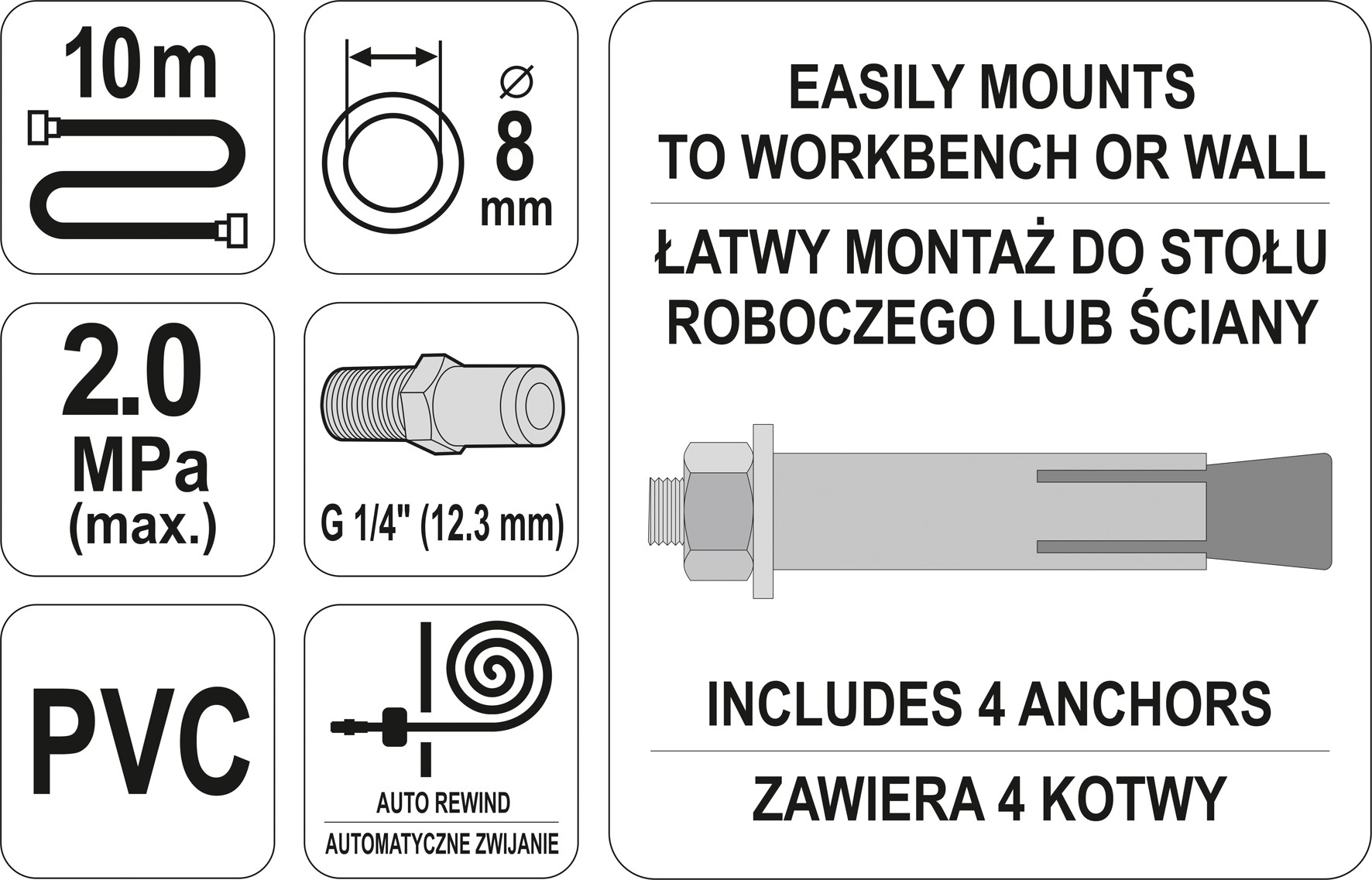 Przewód pneumatyczny na zwijaku automatycznym 8mm 10M