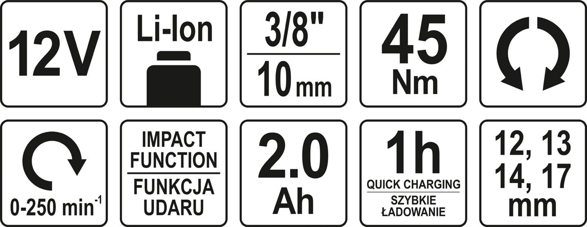 Grzechotka udarowa 12V 2.0AH 60MIN 45NM