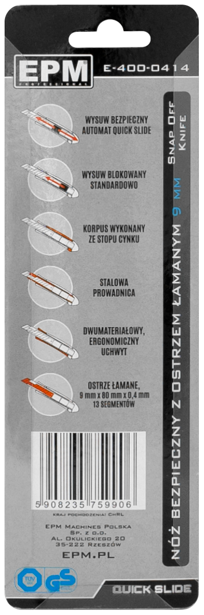 Nóż, nożyk z ostrzem łamanym aluminiowy bezpieczny 9mm