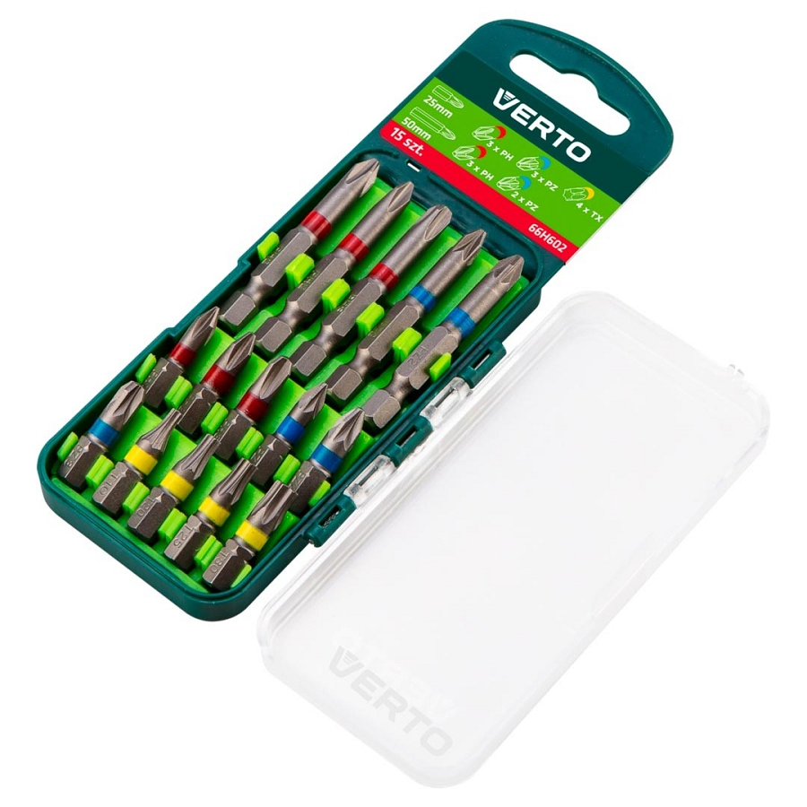 Zestaw bitów 15SZTUK 25mm 3*PH, 3*PZ, 4*TX + 50mm 3*PH, 2*PZ