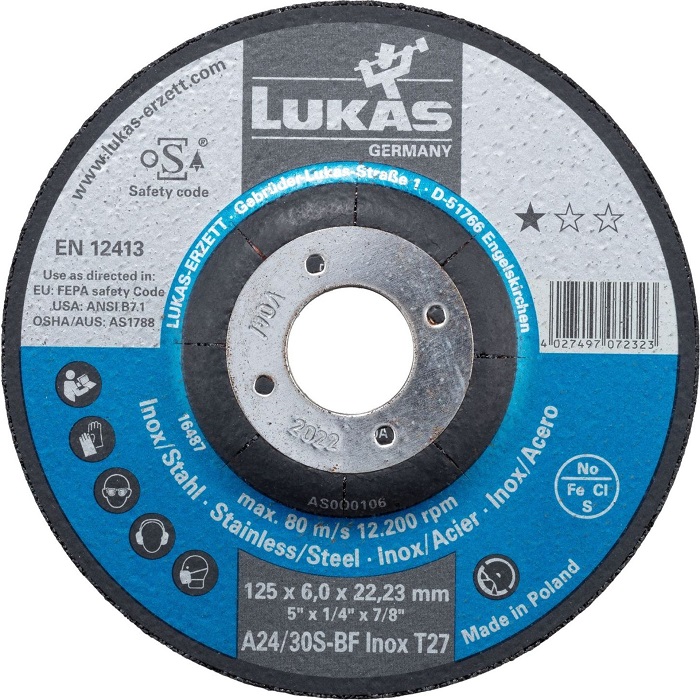 Tarcza wypukła T27 125*6.0*22 A24/30S-BF inox premiumflex