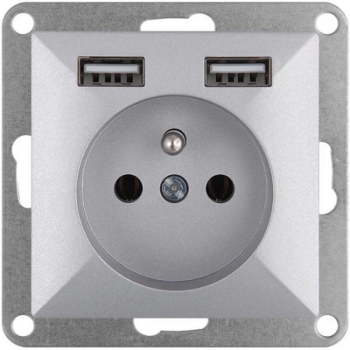 Perła gniazdo pojedyńcze P/T Z/U 2*USB 2A, 5V srebrny