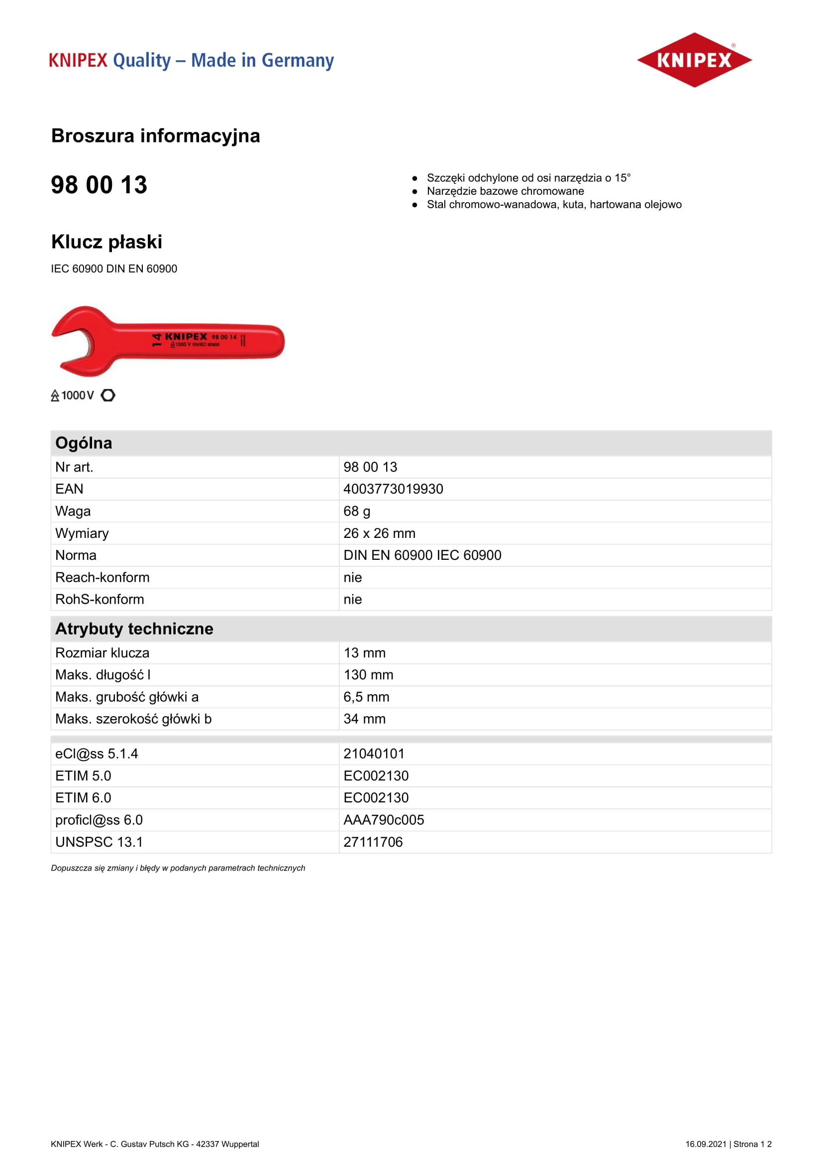 Klucz płaski izolowany 1000V 13mm