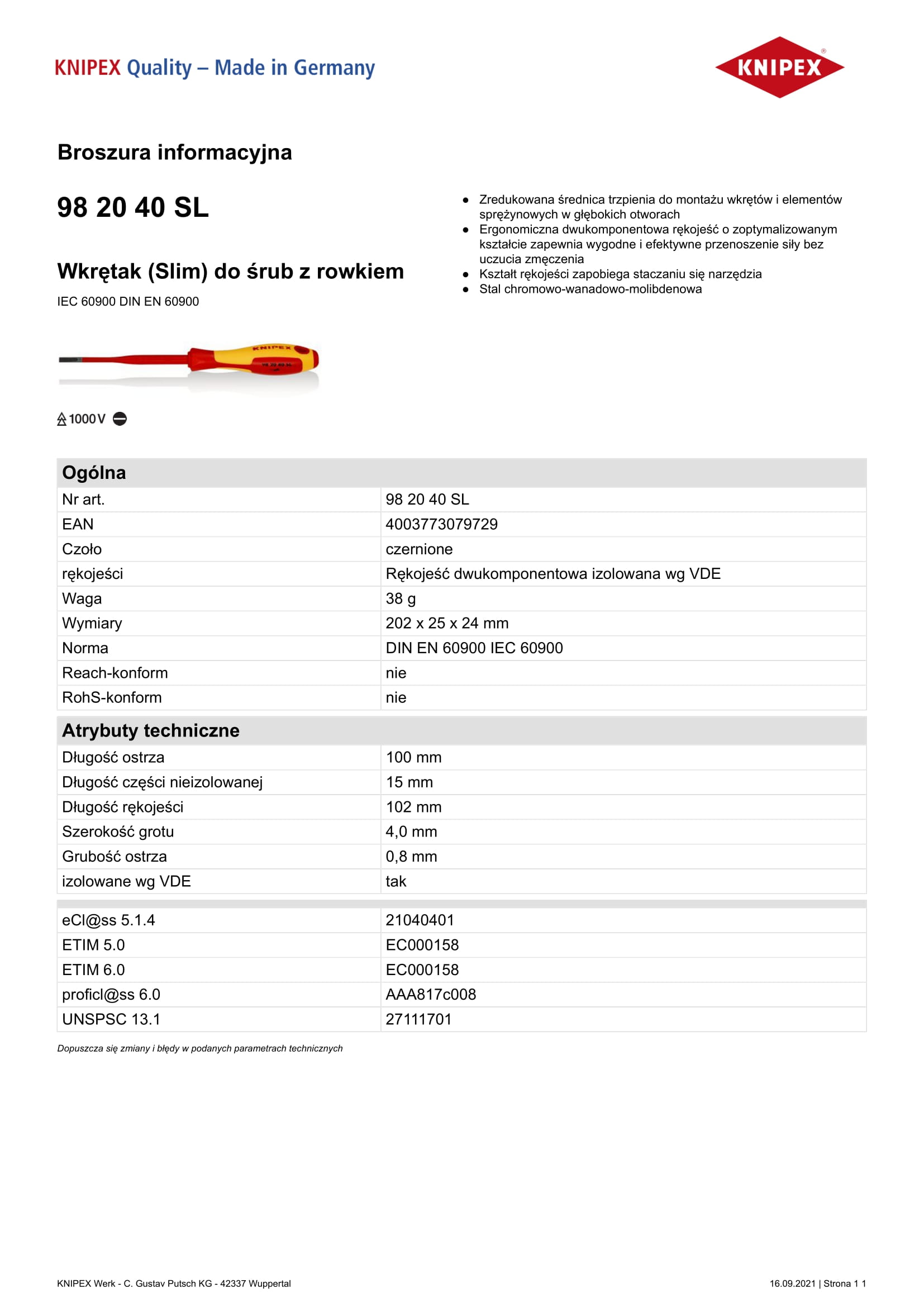 Wkrętak płaski slim z izolacją 1000V 100mm 4 mm