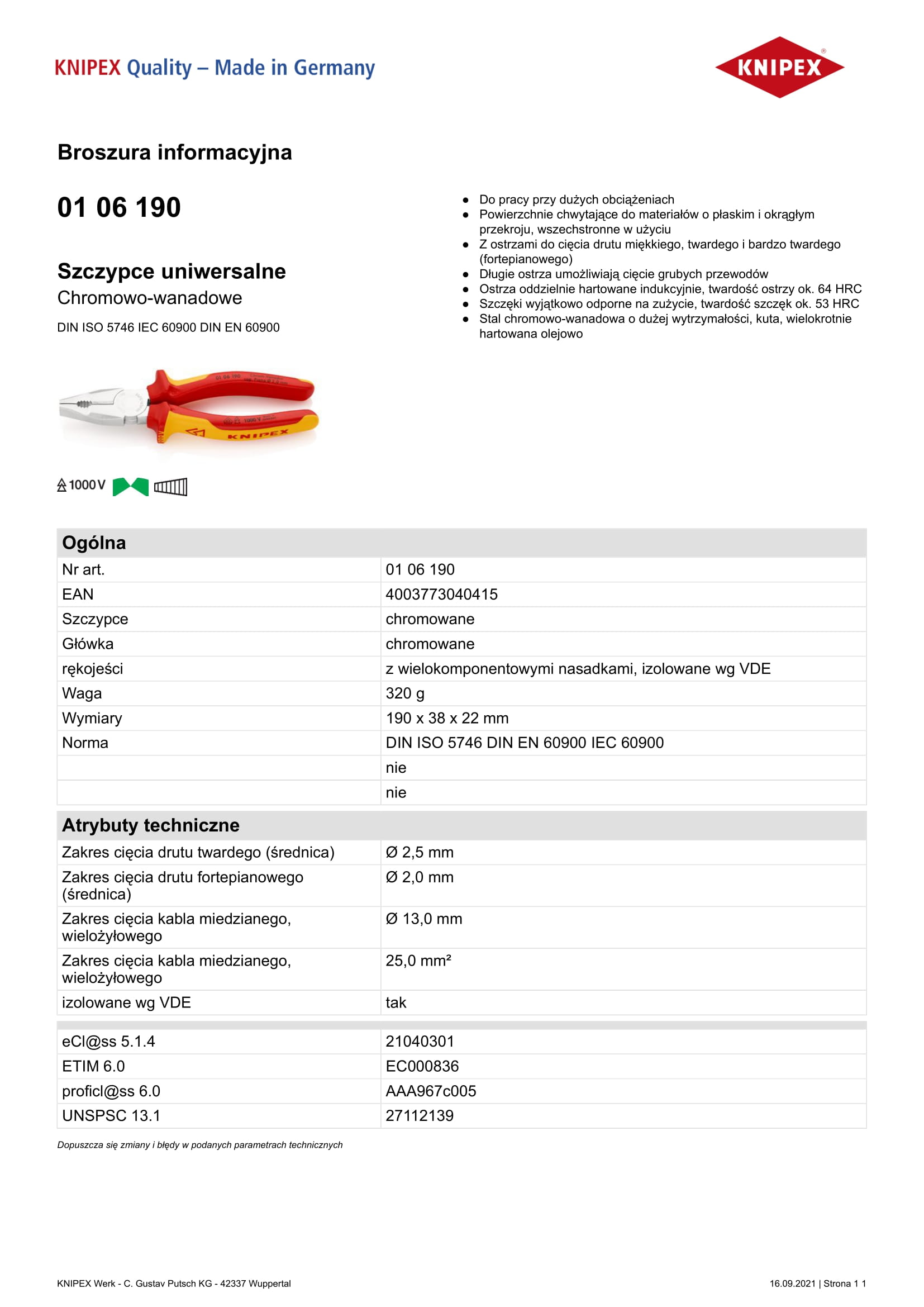 Szczypce uniwersalne VDE 1000V 190mm