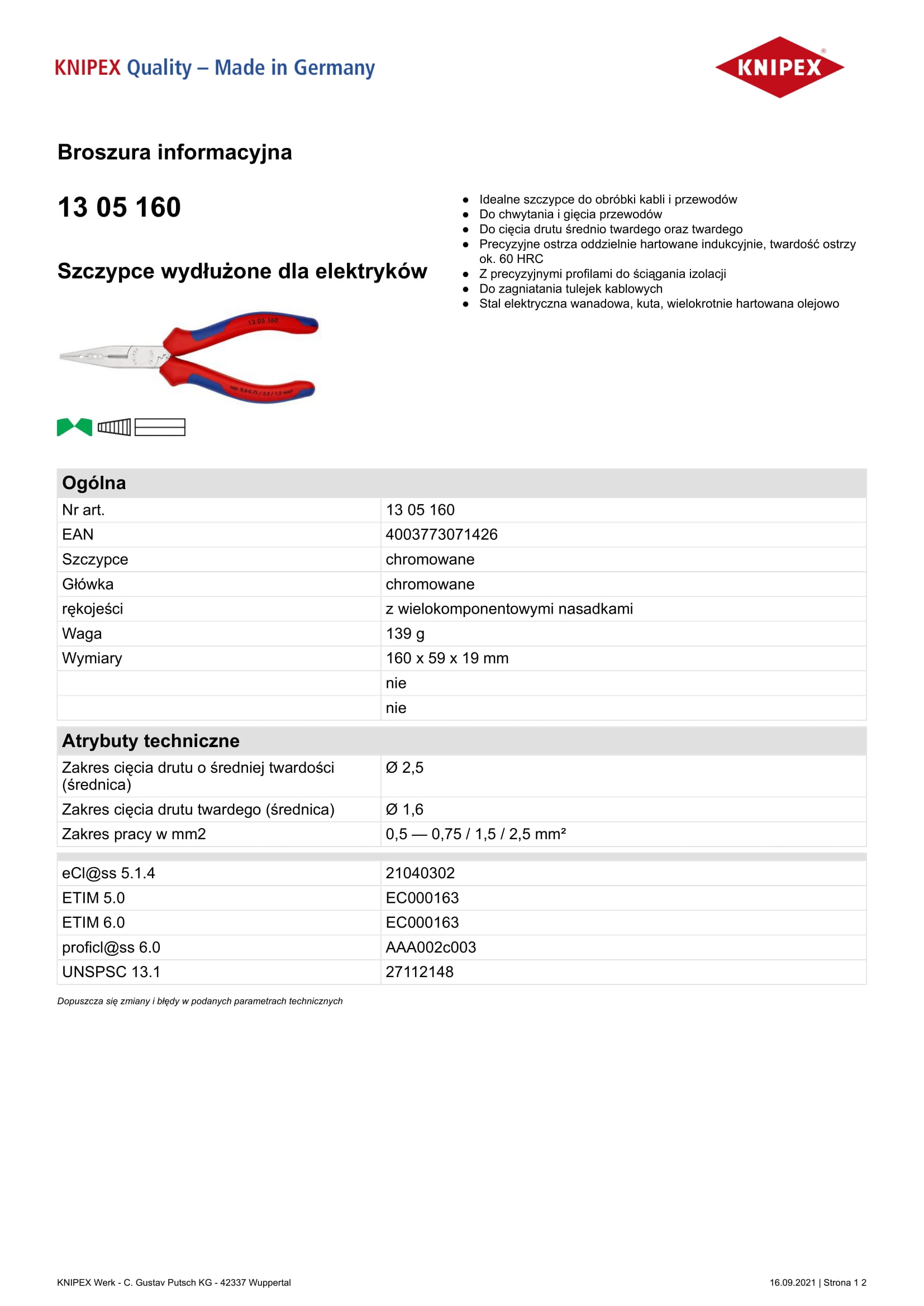 Szczypce wydłużone dla elektryków 160mm