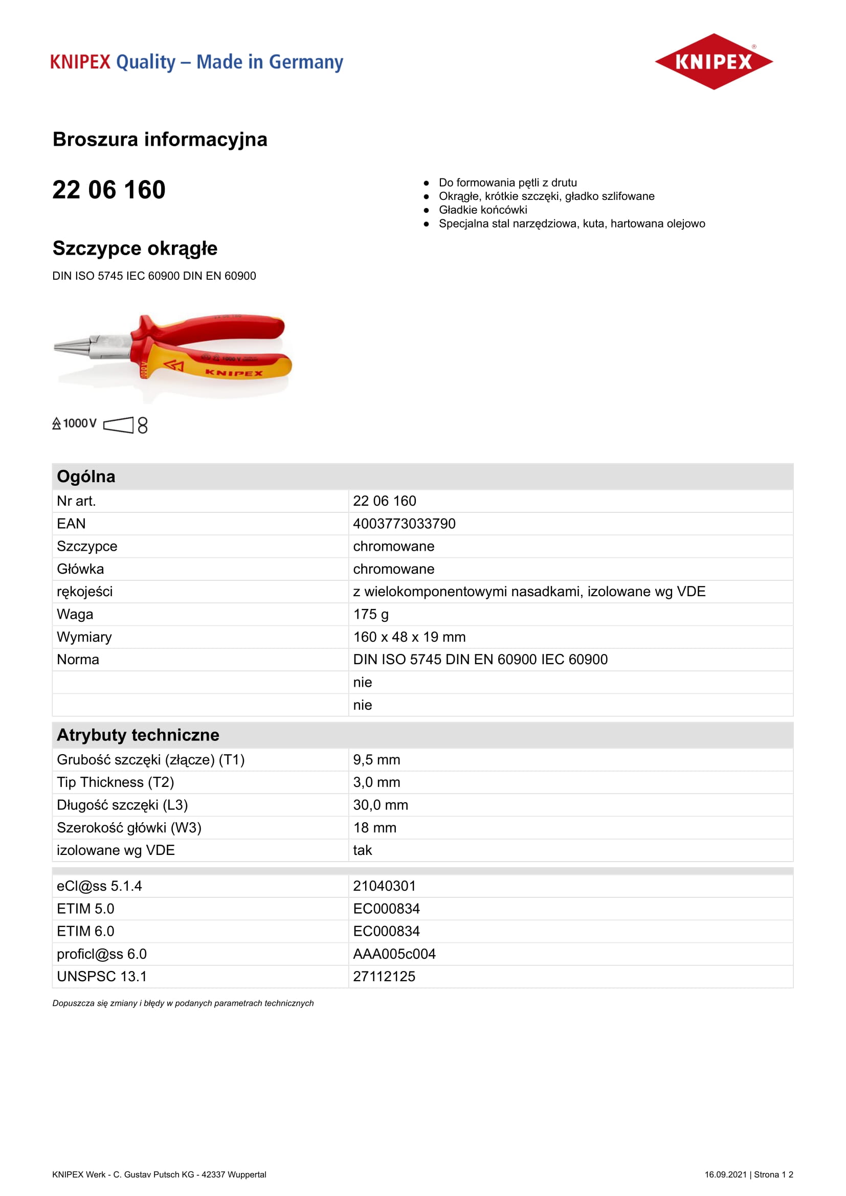 Szczypce okrągłe 1000V 160mm
