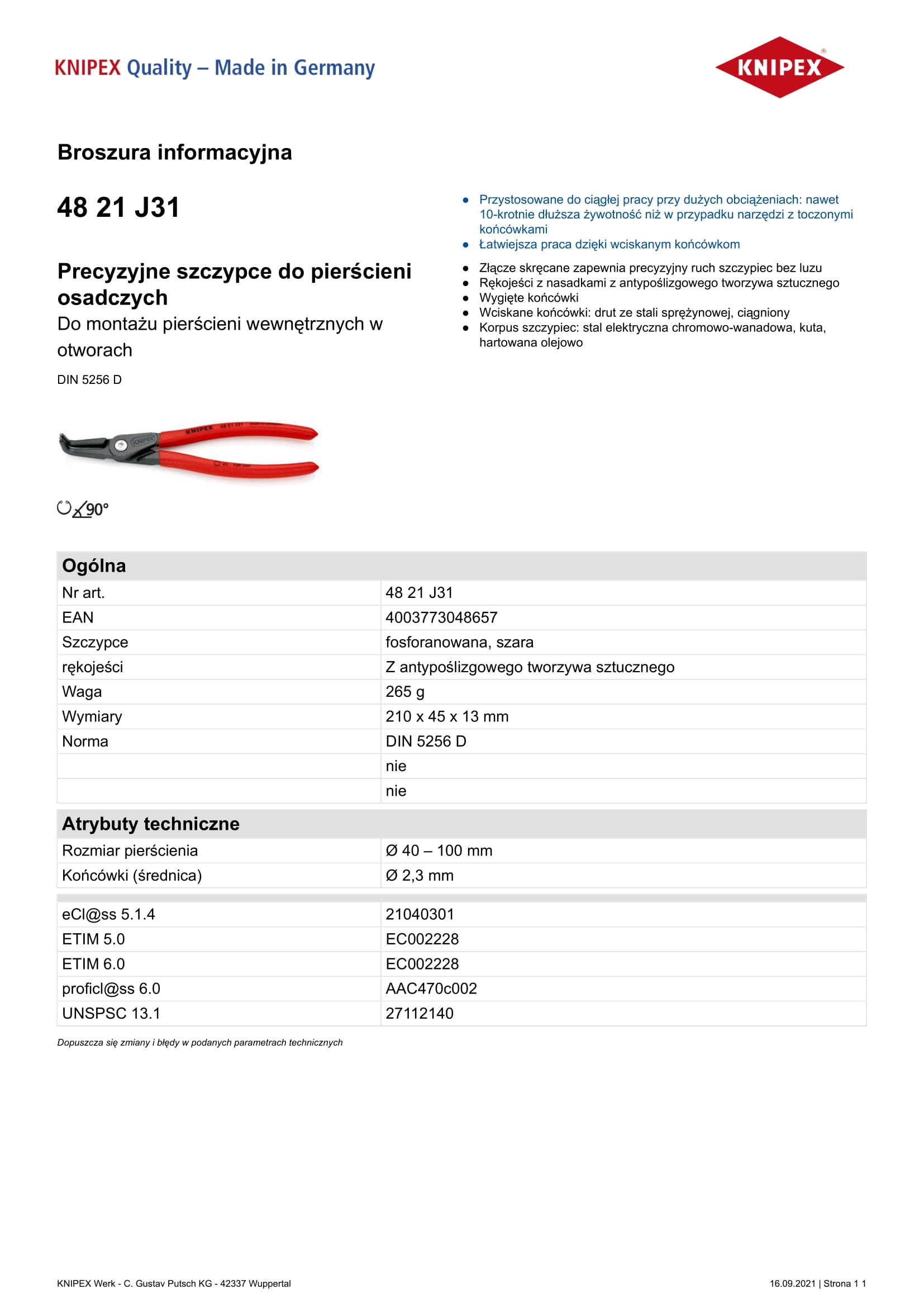 Precyzyjne szczypce do pierścieni wew.wygięte 210mm