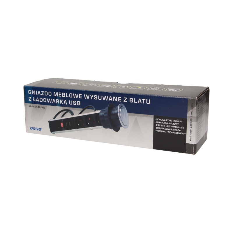 Gniazdo meblowe 3X2P+Z USBX2 blatu 6cm blok inox 1,8M