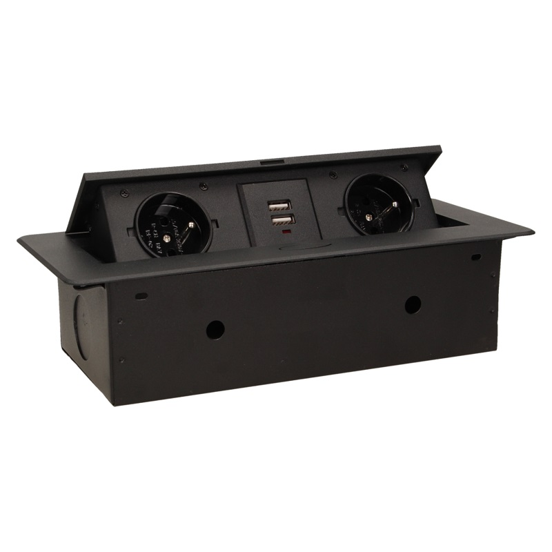 Gniazda wpuszczane w blat 2X2P+Z, 2XUSB płaski rant czarny