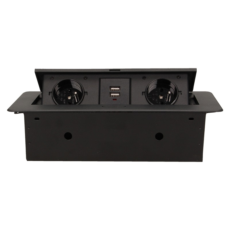 Gniazda wpuszczane w blat 2X2P+Z, 2XUSB płaski rant czarny