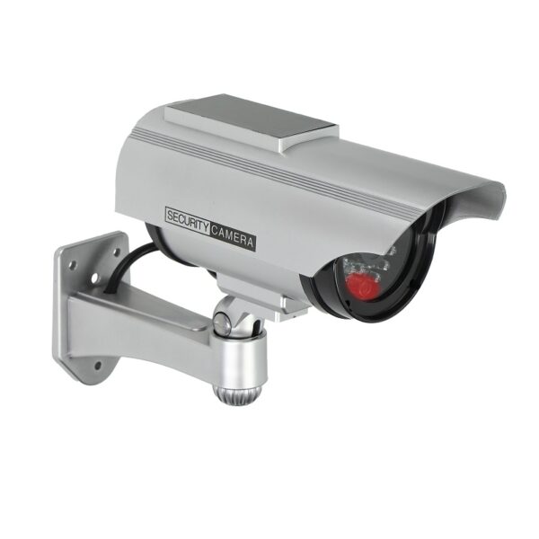 Atrapa kamery monitorującej cctv srebrna z panelem słoneczn.