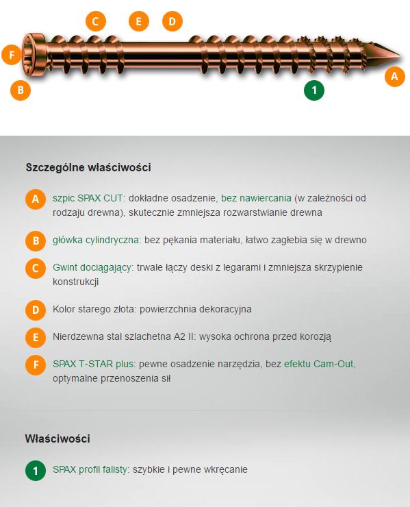 Wkręt tarasowy A2 (100) TX 5.0*60mm spax-d stare złoto