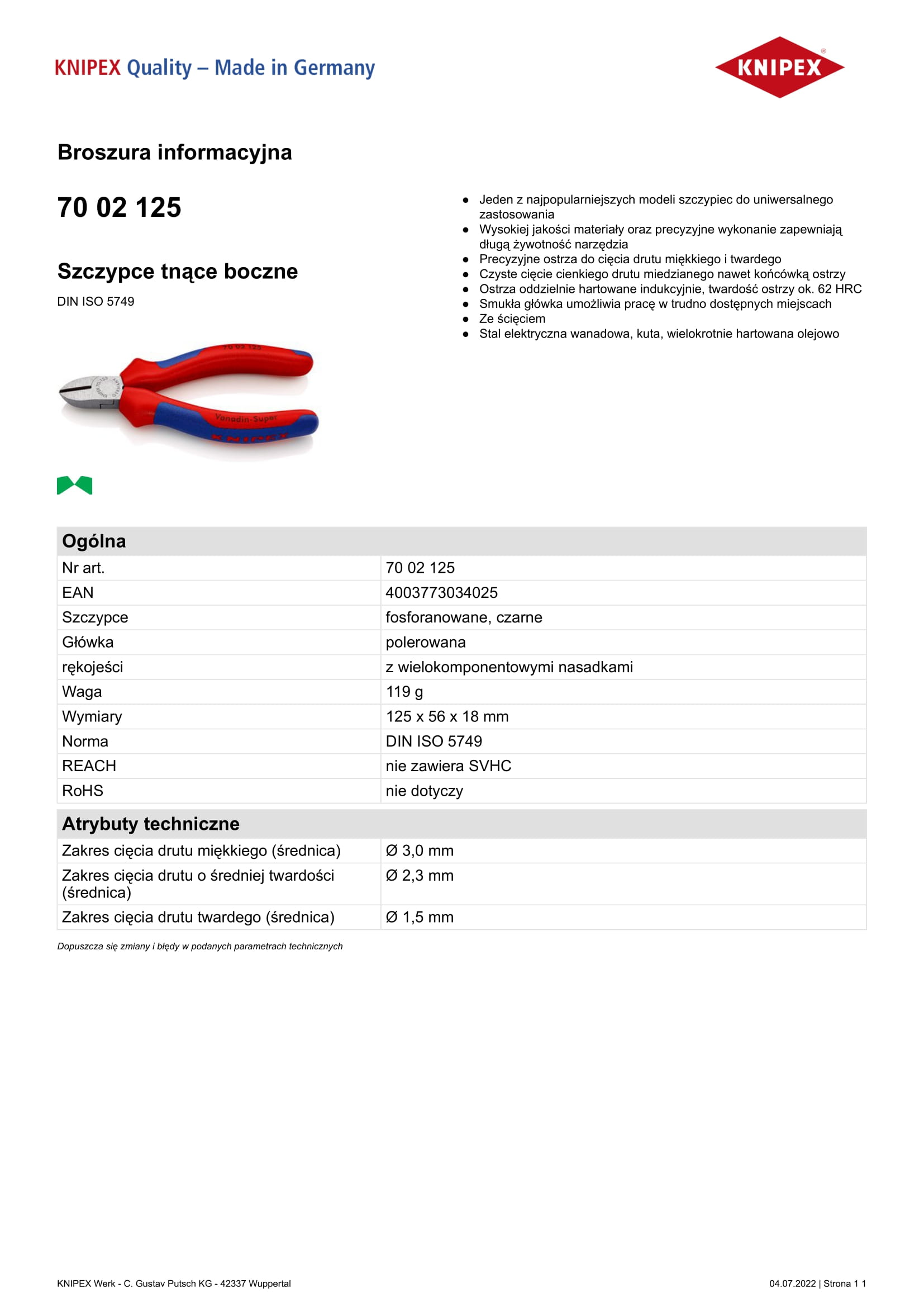 Szczypce tnące boczne 125mm, powlekane