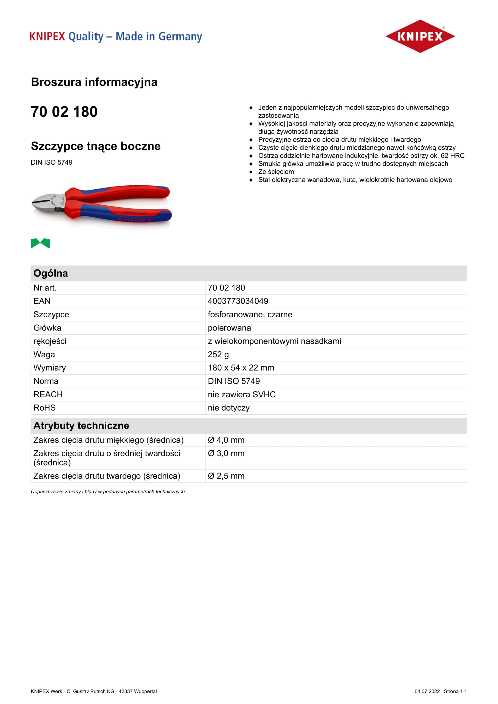 Szczypce tnące boczne 180mm, powlekane