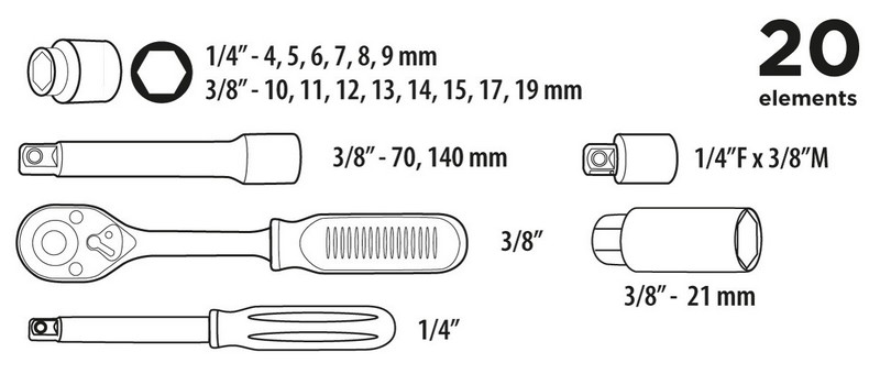 Zestaw kluczy nasadowych 1/4'', 3/8'' 20 EL.