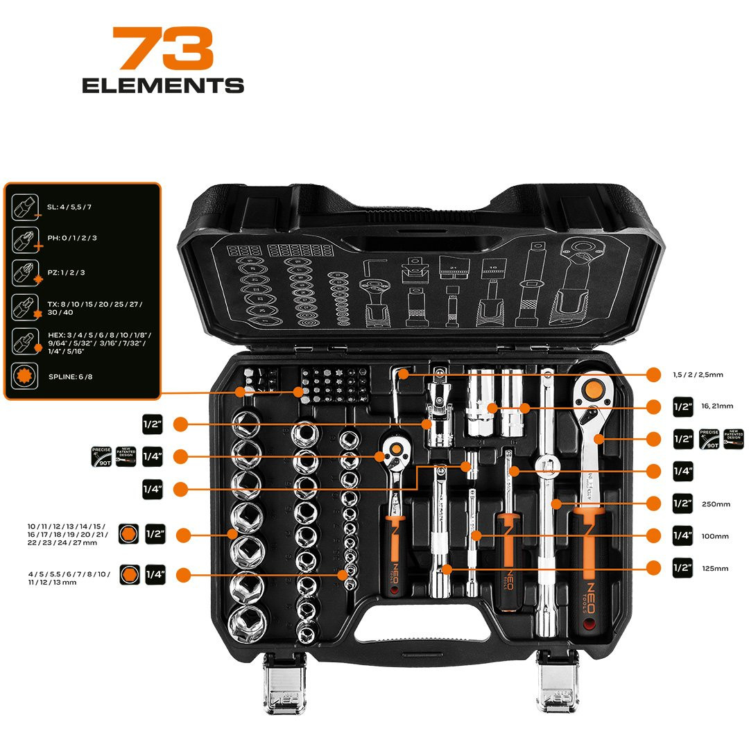 Zestaw kluczy nasadowych 1/4'' 1/2'' 73 części