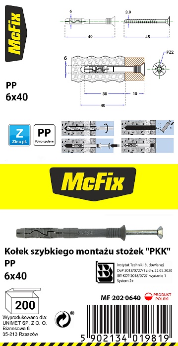 Kołek szybki montaż stożek PP 6*40mm