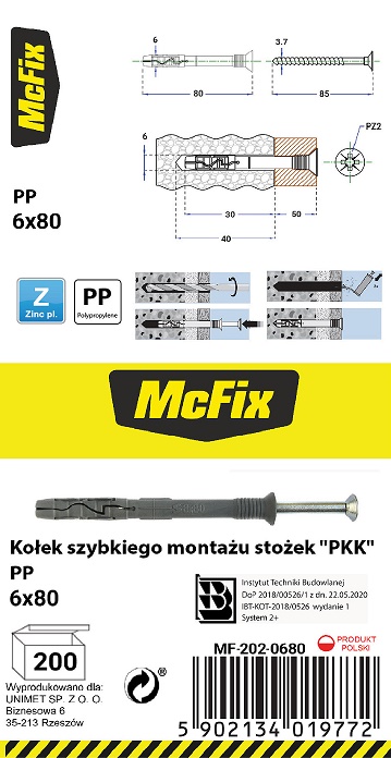 Kołek szybki montaż stożek PP 6*80mm