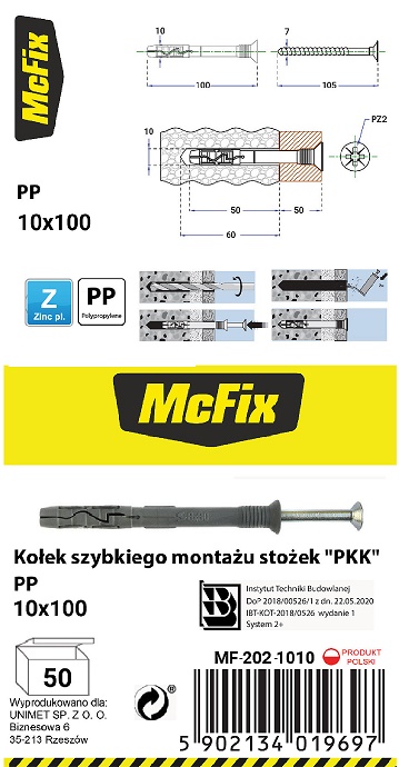 Kołek szybki montaż stożek PP 10*100mm