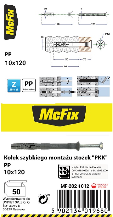 Kołek szybki montaż stożek PP 10*120mm