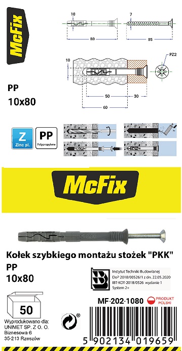 Kołek szybki montaż stożek PP 10*80mm