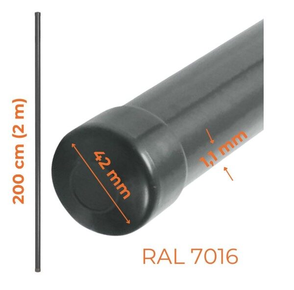 Słupek ogrodzeniowy rura FI 42mm 1.1mm 2M antracyt RAL 7016