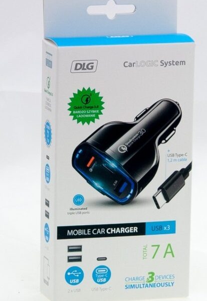 Ładowarka samochodowa 12V 7A 2*USB A 1*USB C + kabel 1.2M