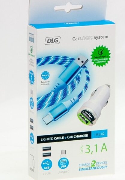 Ładowarka samochodowa 12V 3.1 A USB A + USB C + kabel 1M LED