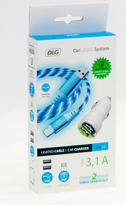 Ładowarka samochodowa 12V 3.1 A USB A + USB C + kabel 1M LED