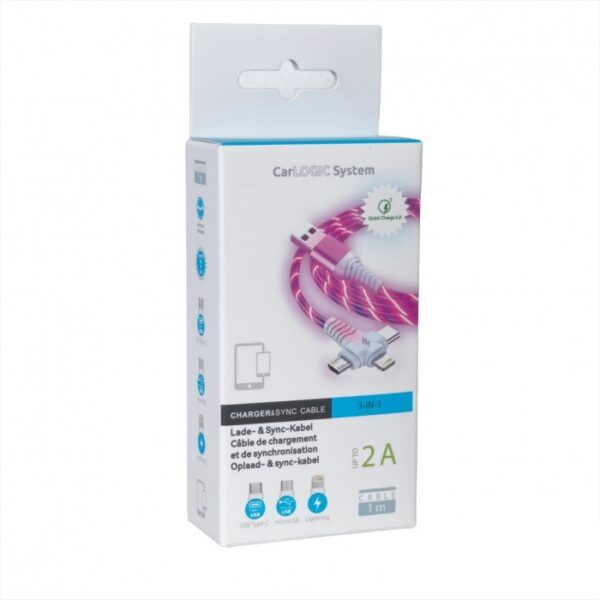 Uniw. kabel USB A - iphone/usb C/ micro USB, 2A 1M LED pink