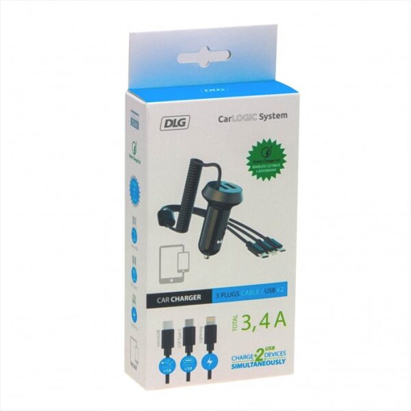 Ładowarka samochodowa 12V z kablem iphone/usb c/micro USB