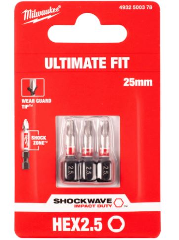 Bit, grot, końcówka shockwave HEX2.5 25mm 3szt.
