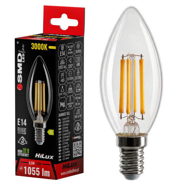 Żarówka E14 LED SMD filament świeca hilux 6.5W 3000K
