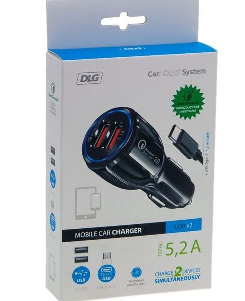 Ładowarka samochodowa 12V 2*USB-A 5.2A + kabel usb-c 1.2M