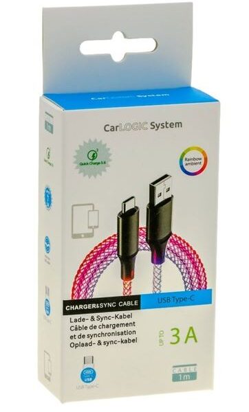 Kabel USB A - USB C podświetlany multikolor 1M 3A