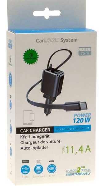 Ładowarka samochodowa 12V 1*USB A 1*USB C 2*KABEL USB C