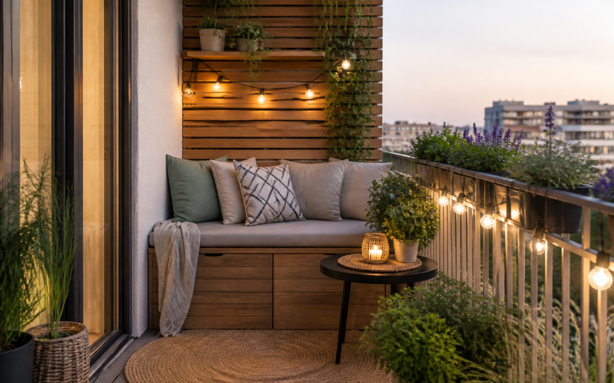 Mały balkon w bloku urządzony z ławką, roślinami i delikatnym oświetleniem