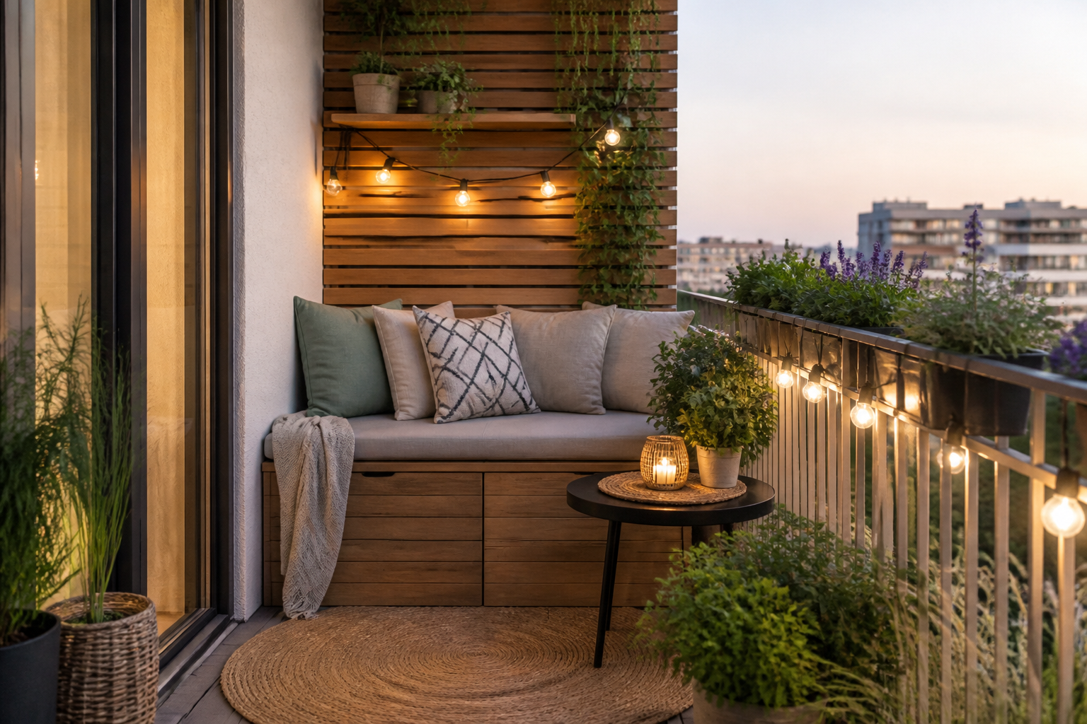 Mały balkon w bloku urządzony z ławką, roślinami i delikatnym oświetleniem