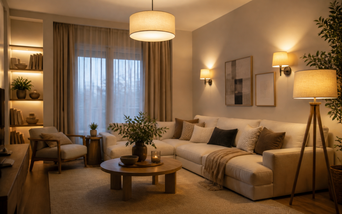 Przytulny salon z lampą sufitową, kinkietami i lampą stojącą obok sofy
